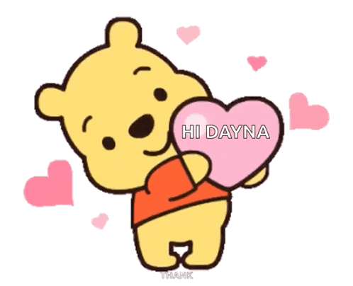 a cartoon of winnie the pooh holding a heart with the name hi dayna on it