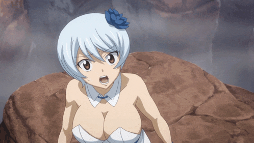 a girl with white hair and a blue flower in her hair stands on a rock
