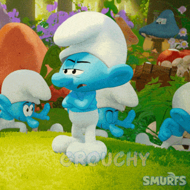 a group of smurfs are standing in a grassy area with the words grouchy smurfs written on the bottom