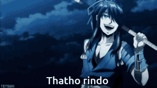 a cartoon character is holding a sword and the words thatho rindo are below him