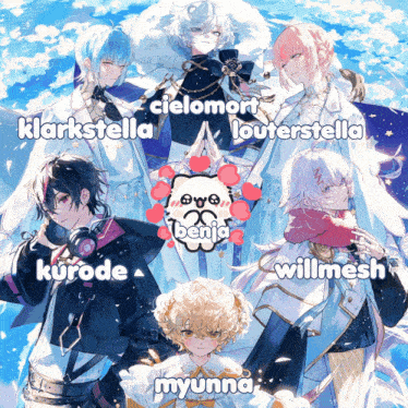 a group of anime characters with the names klarkstella cielomori louterstella kurode willmesh myunna and benja