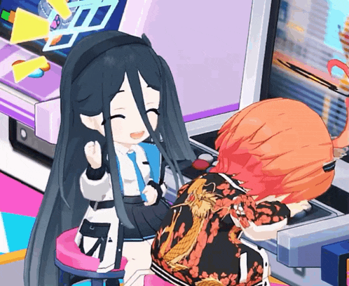 a girl with long black hair is sitting next to another girl with red hair