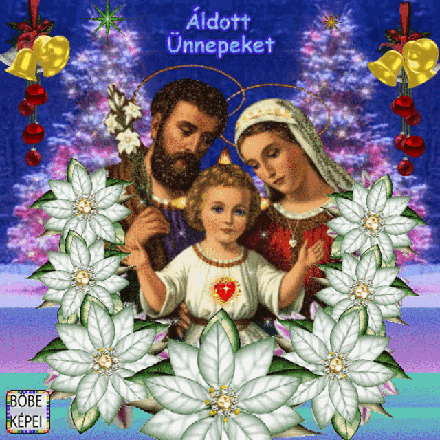 a painting of the holy family with the words " aldott unnepeket " above them