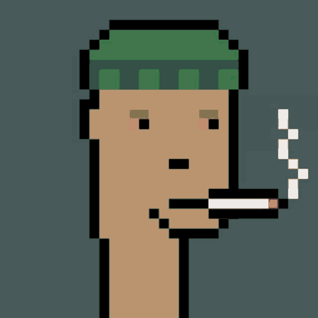 a pixel art drawing of a man with a green hat smoking a cigarette