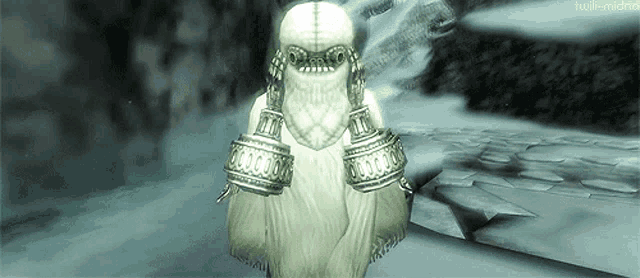 a ghost in a video game with the name julie-mirren on the bottom left