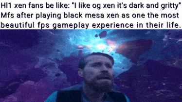 a man with a beard is standing in front of a purple background with the words " h11 xen fans be like
