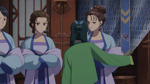 a man in a green jacket is surrounded by a group of women in purple dresses