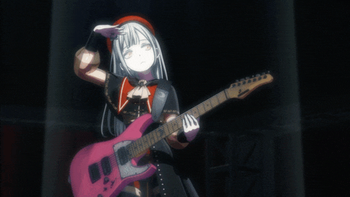 a girl with long white hair is holding a pink electric guitar
