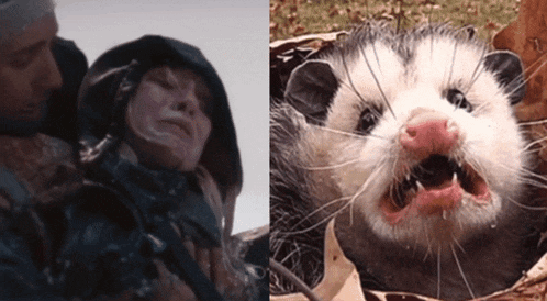 a woman holding a gun next to a opossum with its mouth open