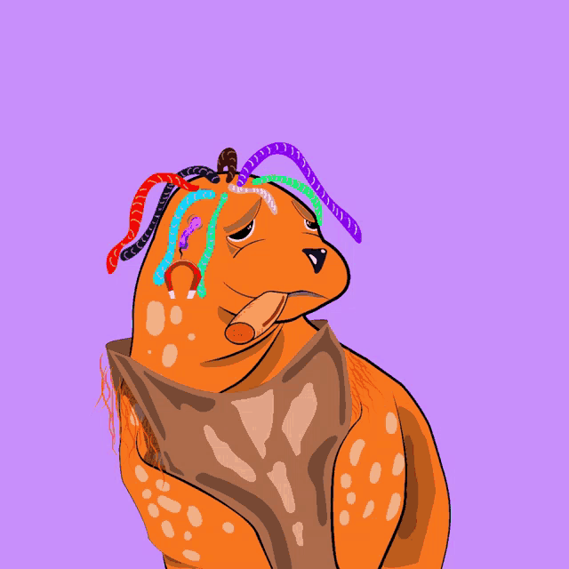 a cartoon drawing of a frog with colorful hair