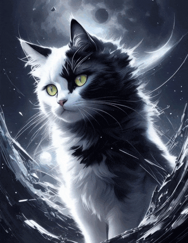 a black and white cat with green eyes is surrounded by water drops