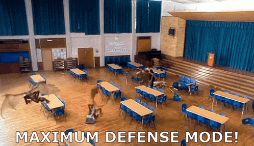 a large room with tables and chairs and the words " maximum defense mode " on the bottom