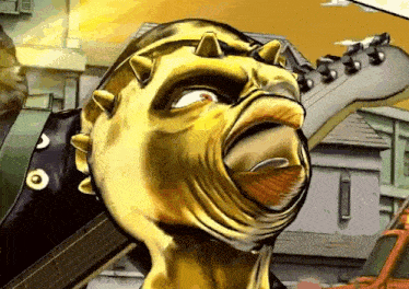 a cartoon character with spikes on his head is holding a guitar in front of a house .