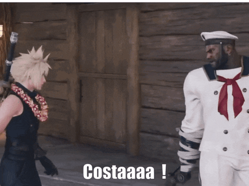 a man in a sailor outfit stands next to another man with the words costaaaa written on the bottom