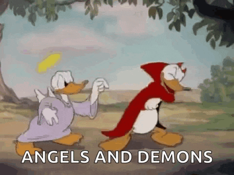 a cartoon of daisy duck and red riding hood dancing with the words angels and demons behind them .