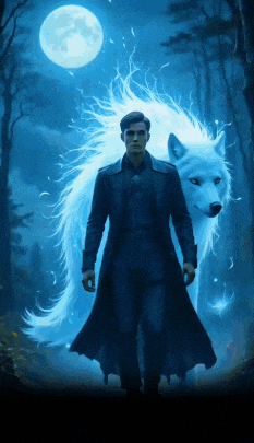 a man in a black coat stands next to a white wolf with a full moon in the background