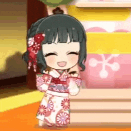 a little girl is wearing a kimono and smiling in a video game .