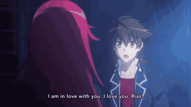 a girl with red hair is talking to a boy who says i am in love with you i love you rias