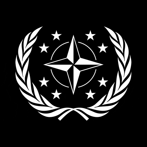 a white logo with a laurel wreath around a star