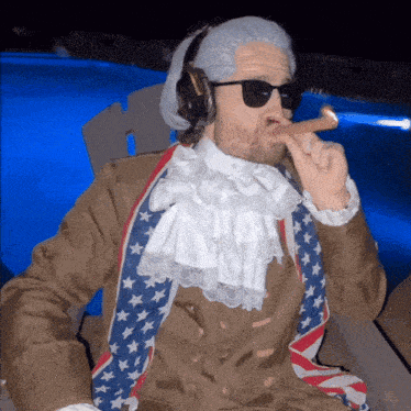 a man dressed as george washington is smoking a cigar in front of a pool