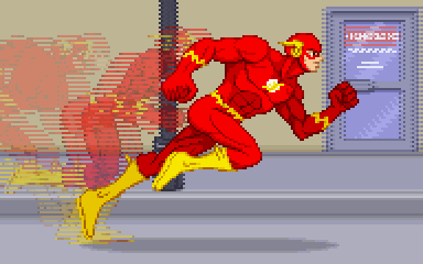 a pixel art of the flash running in front of a store