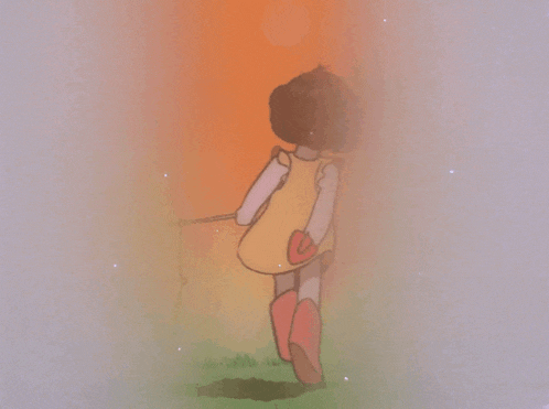 a girl in a yellow dress and pink boots is walking in a foggy field
