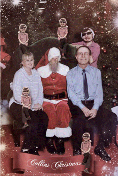a family posing for a picture with santa and the words collins christmas in the corner