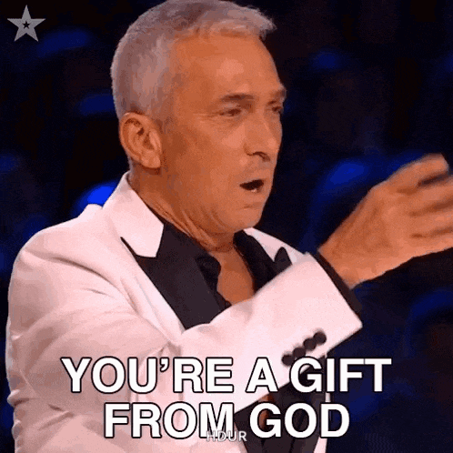 a man in a tuxedo is saying `` you 're a gift from god ''