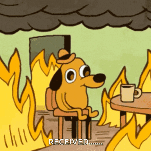 a cartoon dog is sitting in a chair in front of a fire and says received .