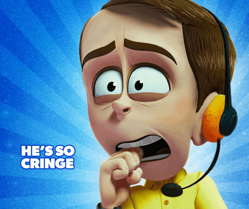 a cartoon of a man with headphones and the words he 's so cringe