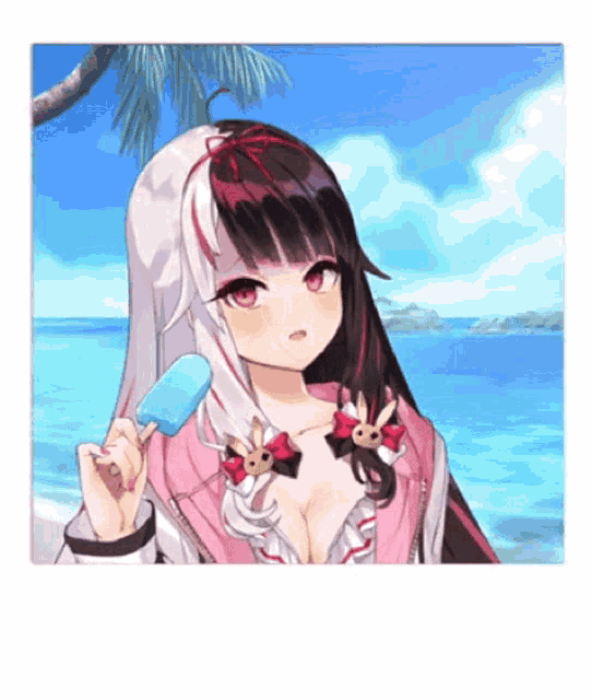 a girl with long hair is holding a popsicle in her hand