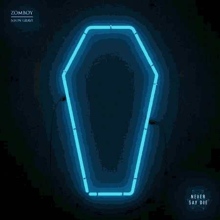 a neon sign in the shape of a coffin is lit up in the dark