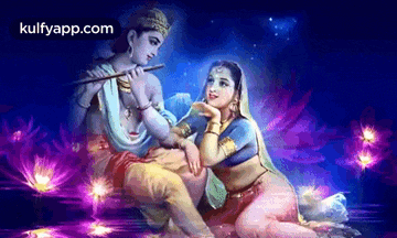 a painting of a man playing a flute next to a woman sitting on a lotus flower .