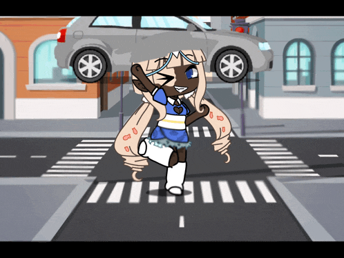 a cartoon girl is crossing a street with a car behind her