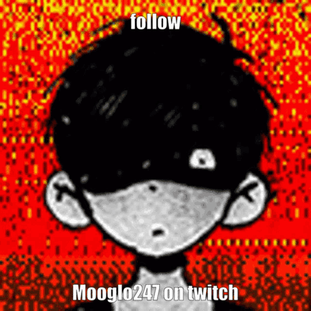 a black and white drawing of a boy with the words follow mooglo247 on twitch below it