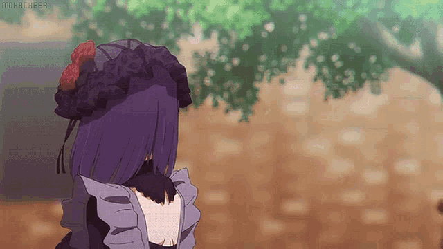 a girl with purple hair is wearing a black hat with a red flower on it