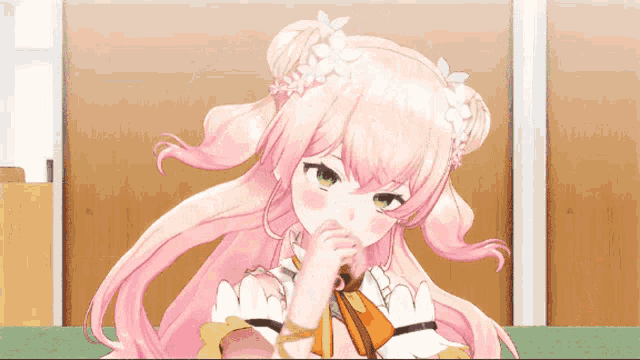 a girl with pink hair and flowers on her head