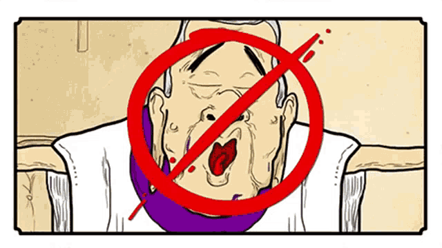 a cartoon of a man with a cross through his mouth