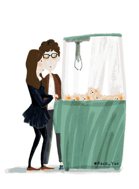 a cartoon of a man and a woman standing in front of a candy machine with the name paco yao on the bottom right