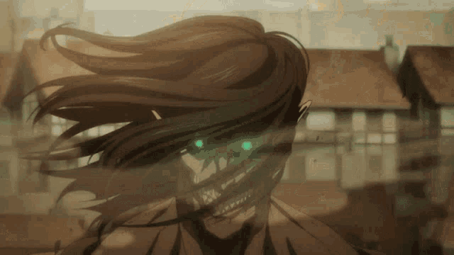 a close up of a cartoon character with green eyes and long hair .