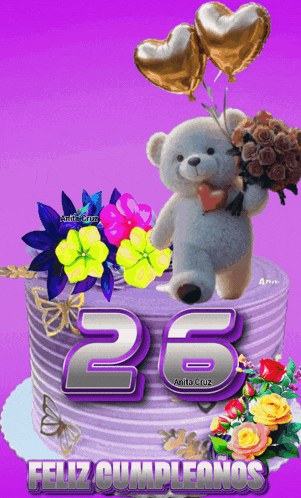 a teddy bear is holding a heart on top of a birthday cake