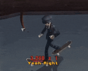 a video game screen shows a person riding a skateboard and says " yeah right " at the bottom
