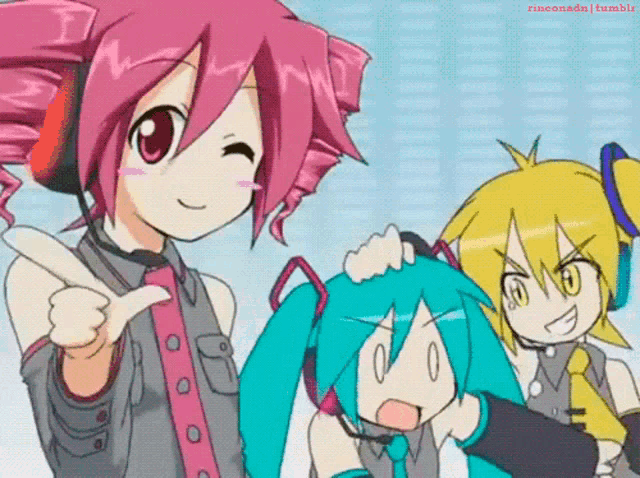 a group of anime girls are standing next to each other and one of them is pointing