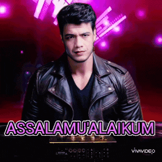 a man in a leather jacket is standing in front of a purple background with the words assalamualaikum .