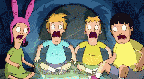 a group of cartoon characters sitting in a tent with their mouths open