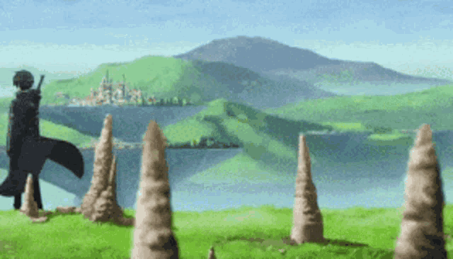 a man is standing in a field with a castle in the distance