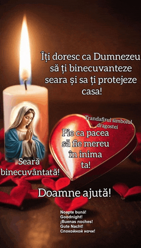 a candle with a picture of the virgin mary and a red heart