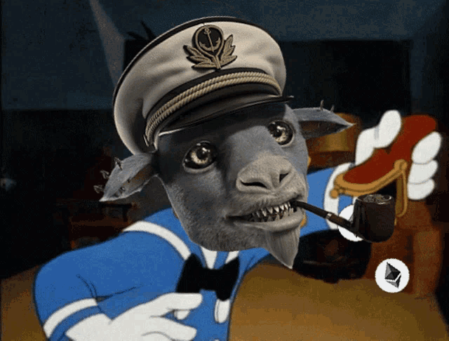 a cartoon drawing of a goat wearing a captain 's hat and smoking a pipe