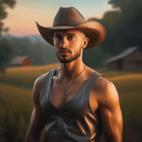 a man wearing a cowboy hat and a leather vest is standing in a field