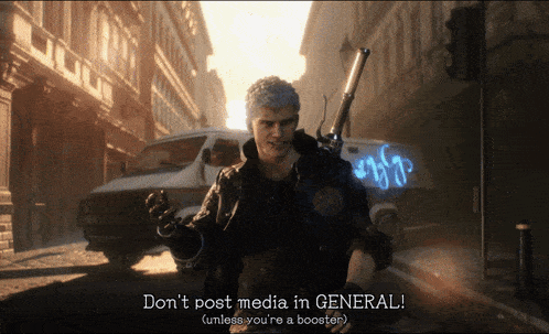 a video game character says " don 't post media in general unless you 're a booster "